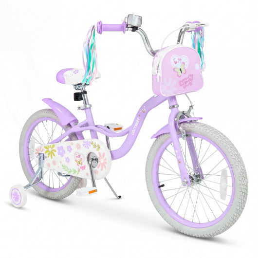 18 Inches Girls Bike with Front Bag and Streamers for 4-8 Years Purple