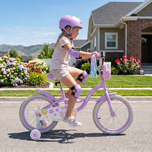 18 Inches Girls Bike with Front Bag and Streamers for 4-8 Years Purple