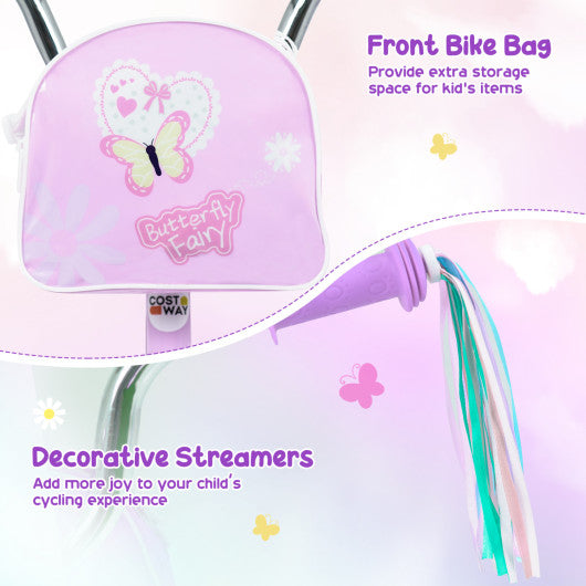 18 Inches Girls Bike with Front Bag and Streamers for 4-8 Years Purple