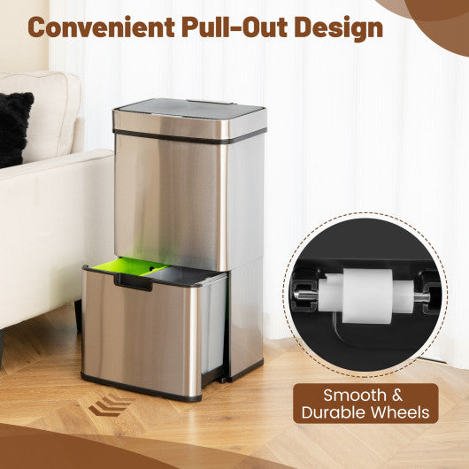 19 Gal Stainless Steel Trash Can with Kitchen Waste Bin and 2 Bottom Recycling Bins-Silver