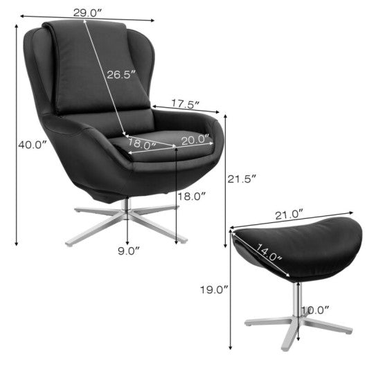 360¡ã Swivel Leather Lounge Chair with Ottoman and Aluminum Alloy Base-Black