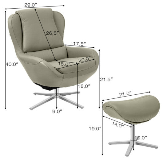 360¡ã Swivel Leather Lounge Chair with Ottoman and Aluminum Alloy Base-Gray