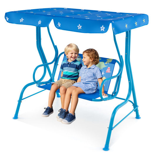 2-Seater Kids Patio Swing with Metal Stand and Adjustable Canopy-Bule