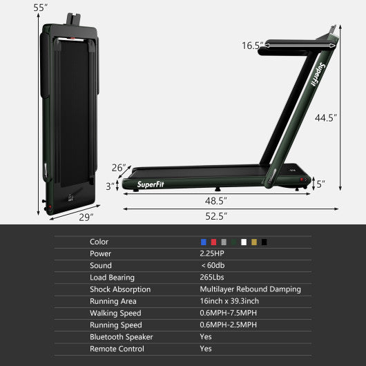2.25HP 2 in 1 Folding Treadmill with APP Speaker Remote Control-Green