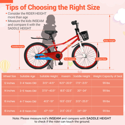 20 Inch Kids Bike Adjustable with Kickstand and Storage Basket for Aged 8+ Years-Red