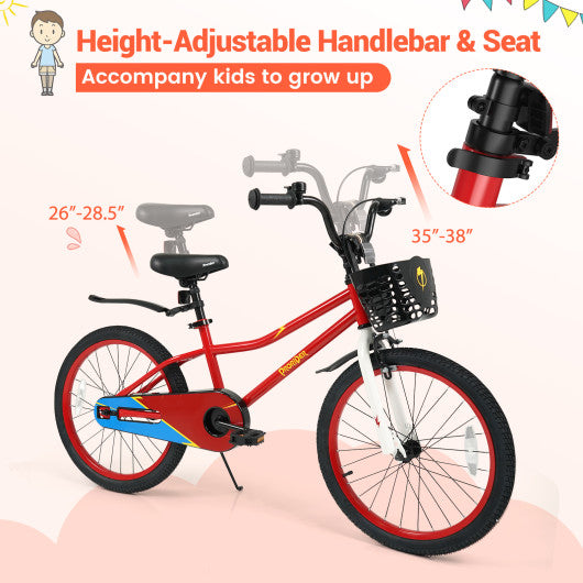 20 Inch Kids Bike Adjustable with Kickstand and Storage Basket for Aged 8+ Years-Red