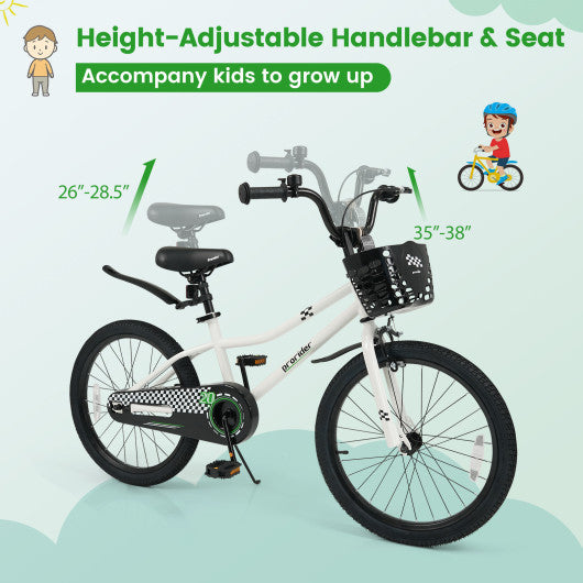 20 Inch Kids Bike Adjustable with Kickstand and Storage Basket for Aged 8+ Years-White