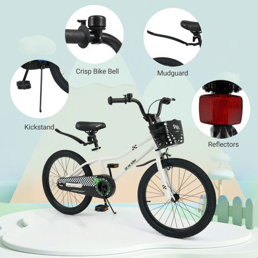 20 Inch Kids Bike Adjustable with Kickstand and Storage Basket for Aged 8+ Years-White