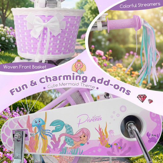 20 Inch Kids Bike Adjustable with Basket and Streamers Purple - Princess of the Sea Theme