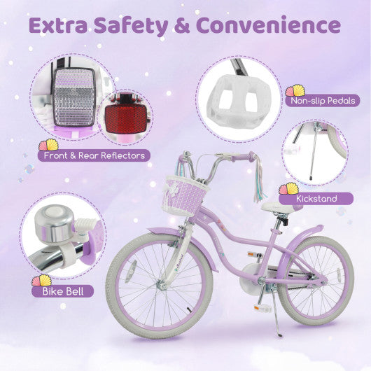 20 Inch Kids Bike Adjustable with Basket and Streamers Purple - Princess of the Sea Theme