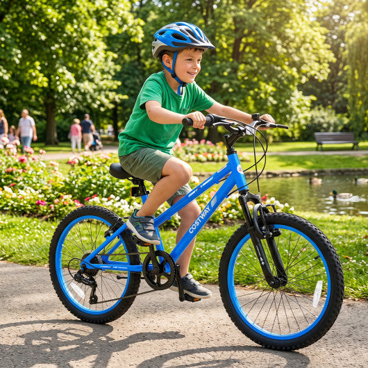 20 Inch Kids Mountain Bike Adjustable with 7 Speed and Suspension Fork-Blue