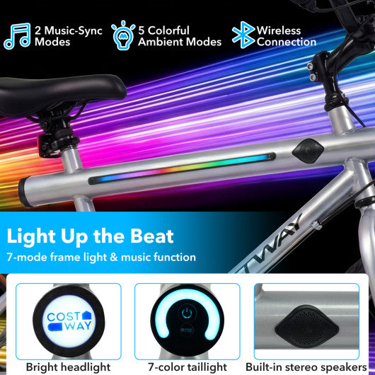 20 Inch LED-lit Cycling Bike with 2 Speakers and Ambient Lights for Men and Women-Silver