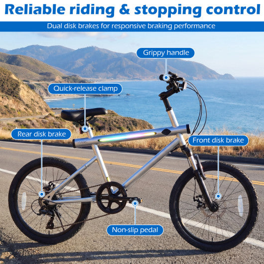 20 Inch Commuter Bicycle LED-lit with 6-Speed Shimano Twist Shifting and Stereo Speakers-Silver