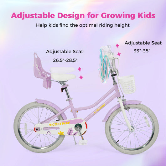 20 Inch Girls Bike Kids Bicycle with Doll Seat and Streamers for 8+ Years Old