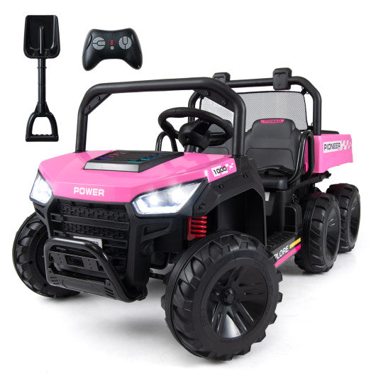 24V 2-Seater Kids Ride on Dump Truck 4WD with Electric Dump Bed and Lights-Pink
