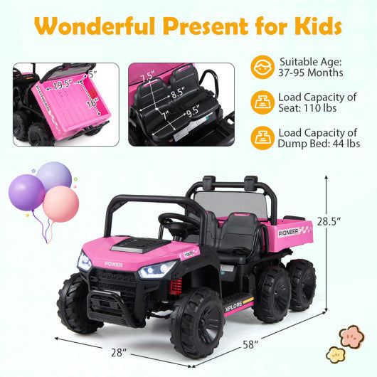 24V 2-Seater Kids Ride on Dump Truck 4WD with Electric Dump Bed and Lights-Pink