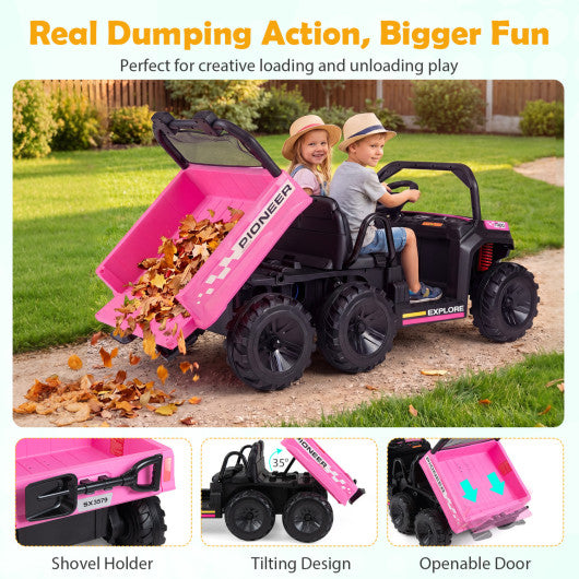 24V 2-Seater Kids Ride on Dump Truck 4WD with Electric Dump Bed and Lights-Pink