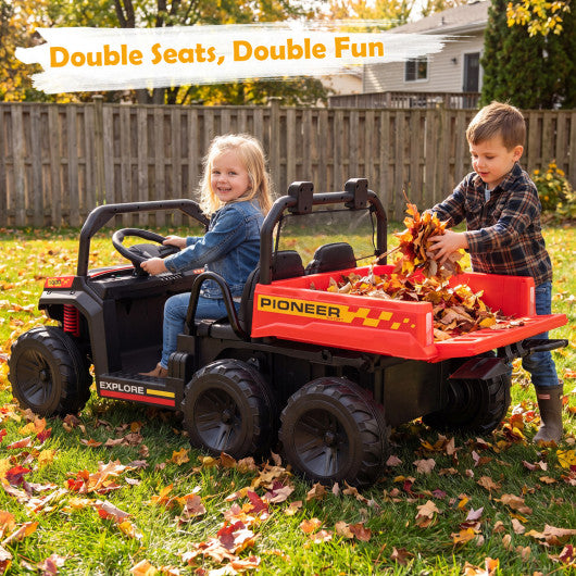 24V 2-Seater Kids Ride on Dump Truck 4WD with Electric Dump Bed and Lights-Red