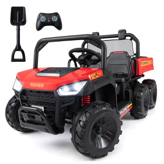 24V 2-Seater Kids Ride on Dump Truck 4WD with Electric Dump Bed and Lights-Red