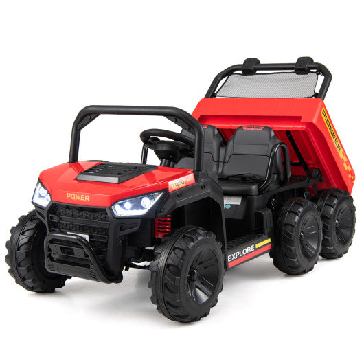 24V 2-Seater Kids Ride on Dump Truck 4WD with Electric Dump Bed and Lights-Red