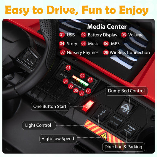24V 2-Seater Kids Ride on Dump Truck 4WD with Electric Dump Bed and Lights-Red