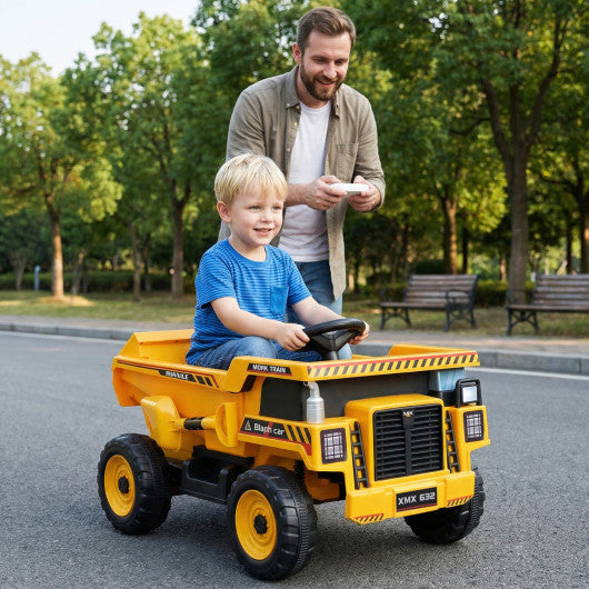 24V Construction Electric Vehicle with Dump Bed and Remote Control for Aged 3-8-Yellow
