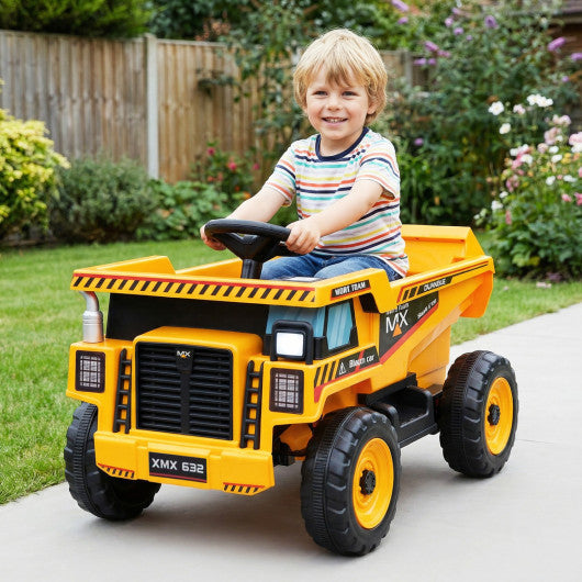 24V Construction Electric Vehicle with Dump Bed and Remote Control for Aged 3-8-Yellow