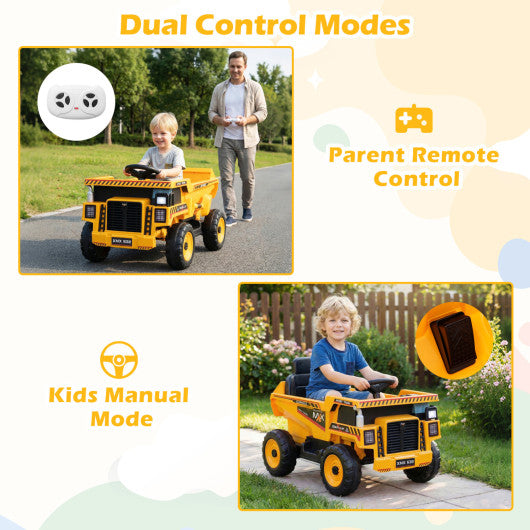 24V Construction Electric Vehicle with Dump Bed and Remote Control for Aged 3-8-Yellow