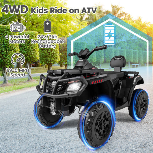 24V Kids ATV 2-Seater with 4 Motors with LED Lights and Music-Black