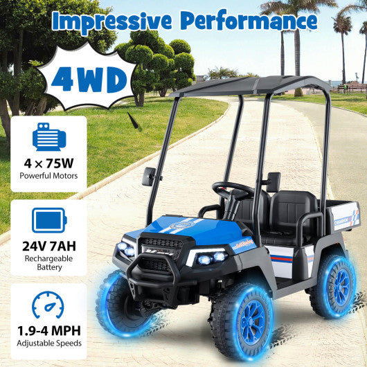 24V Kids Golf Cart 4WD 2-Seater Ride on Car with Storage Trunk and Horn-Blue