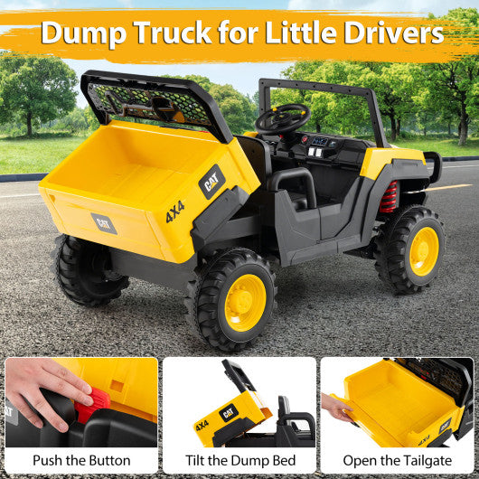 24V Ride On Dump Truck Licensed Caterpillar 2-Seater Kids Car with Remote Control-Yellow