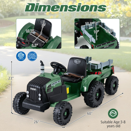 24V Ride On Tractor for Kids Electric Vehicle with Detachable Trailer and Remote Control-Dark Green