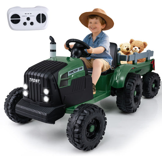 24V Ride On Tractor for Kids Electric Vehicle with Detachable Trailer and Remote Control-Dark Green