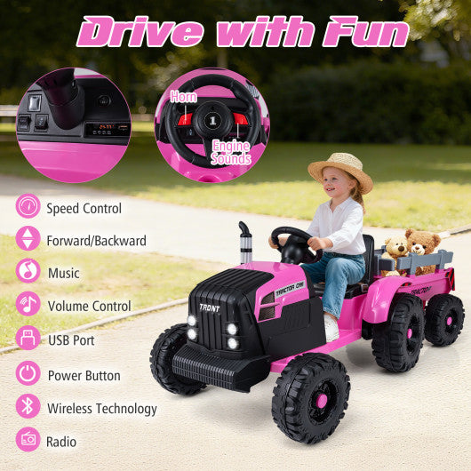 24V Ride On Tractor for Kids Electric Vehicle with Detachable Trailer and Remote Control-Pink
