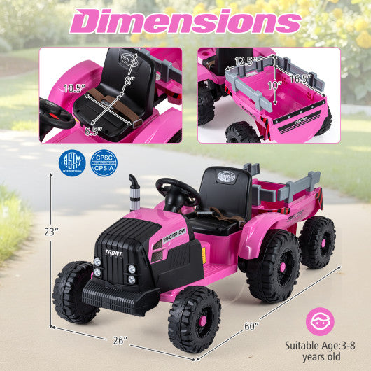 24V Ride On Tractor for Kids Electric Vehicle with Detachable Trailer and Remote Control-Pink