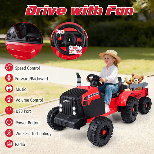 24V Ride On Tractor for Kids Electric Vehicle with Detachable Trailer and Remote Control-Red