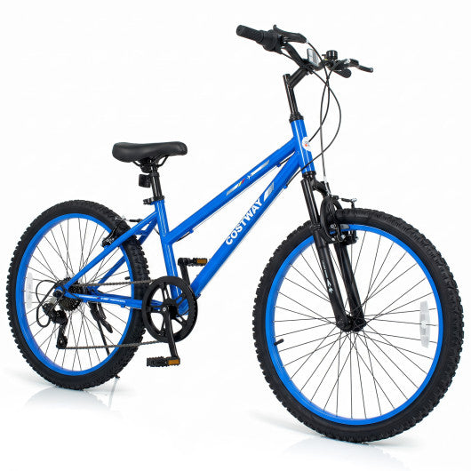 24 Inch Kids Mountain Bike Adjustable with 7 Speed and Suspension Fork-Blue