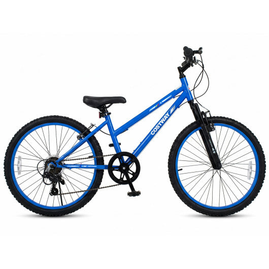 24 Inch Kids Mountain Bike Adjustable with 7 Speed and Suspension Fork-Blue