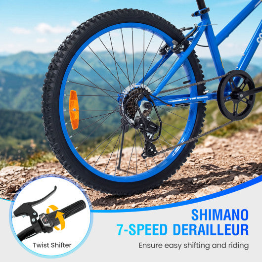 24 Inch Kids Mountain Bike Adjustable with 7 Speed and Suspension Fork-Blue