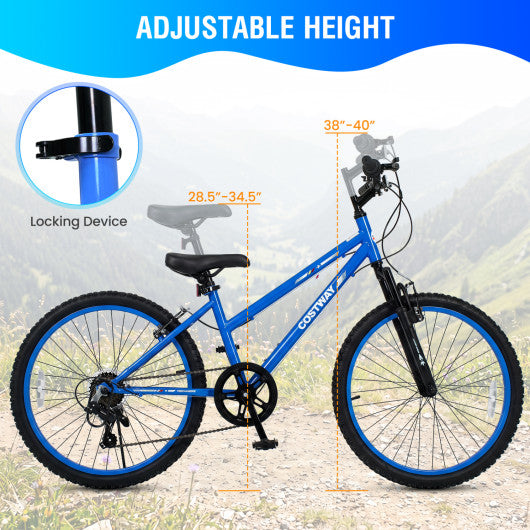 24 Inch Kids Mountain Bike Adjustable with 7 Speed and Suspension Fork-Blue