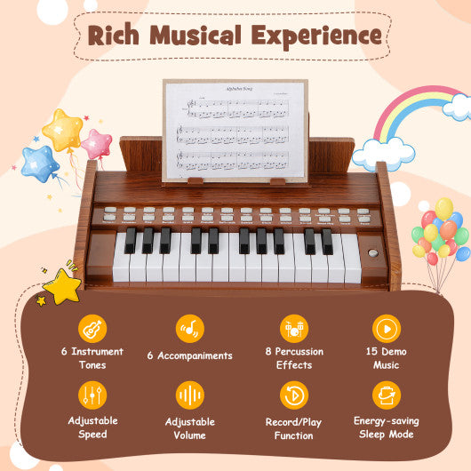 25 Keys Kids Piano Keyboard with Adjustable Speed and Volume-Brown