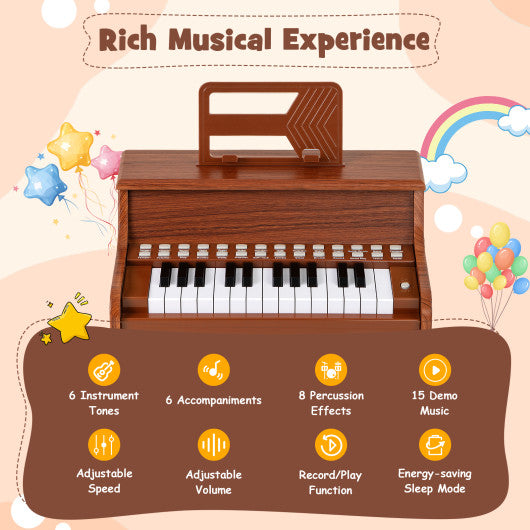 25 Keys Kids Piano Keyboard with Adjustable Speed and Teaching Mode-Brown