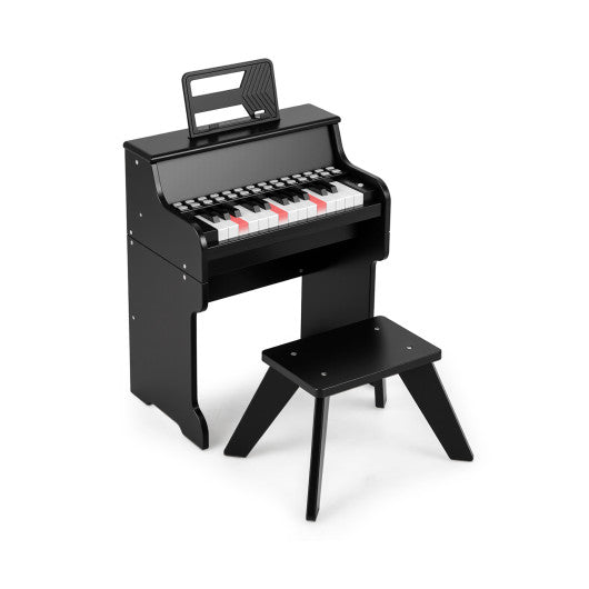 25 Keys Kids Piano Keyboard with Stool Mini Digital Piano Wooden Toy with Adjustable Speed and Volume-Black