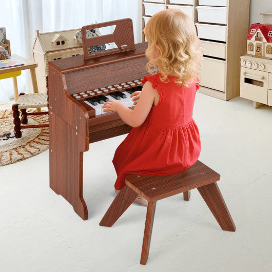 25 Keys Kids Piano Keyboard with Stool Mini Digital Piano Wooden Toy with Adjustable Speed and Volume-Brown