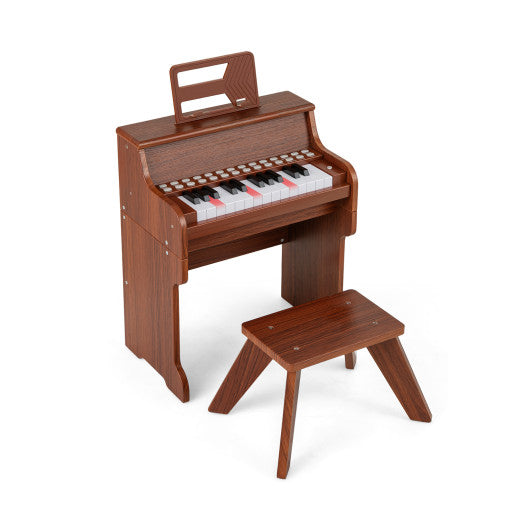 25 Keys Kids Piano Keyboard with Stool Mini Digital Piano Wooden Toy with Adjustable Speed and Volume-Brown