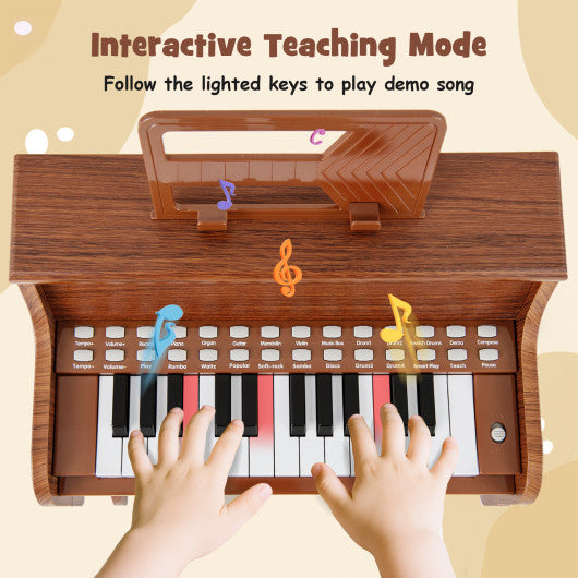 25 Keys Kids Piano Keyboard with Stool Mini Digital Piano Wooden Toy with Adjustable Speed and Volume-Brown