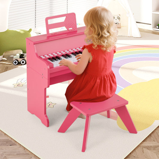 25 Keys Kids Piano Keyboard with Stool Mini Digital Piano Wooden Toy with Adjustable Speed and Volume-Pink