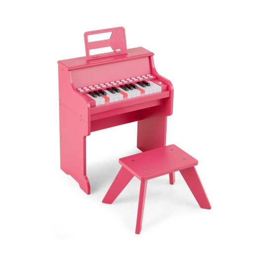 25 Keys Kids Piano Keyboard with Stool Mini Digital Piano Wooden Toy with Adjustable Speed and Volume-Pink