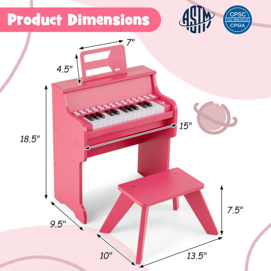 25 Keys Kids Piano Keyboard with Stool Mini Digital Piano Wooden Toy with Adjustable Speed and Volume-Pink