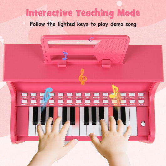 25 Keys Kids Piano Keyboard with Stool Mini Digital Piano Wooden Toy with Adjustable Speed and Volume-Pink